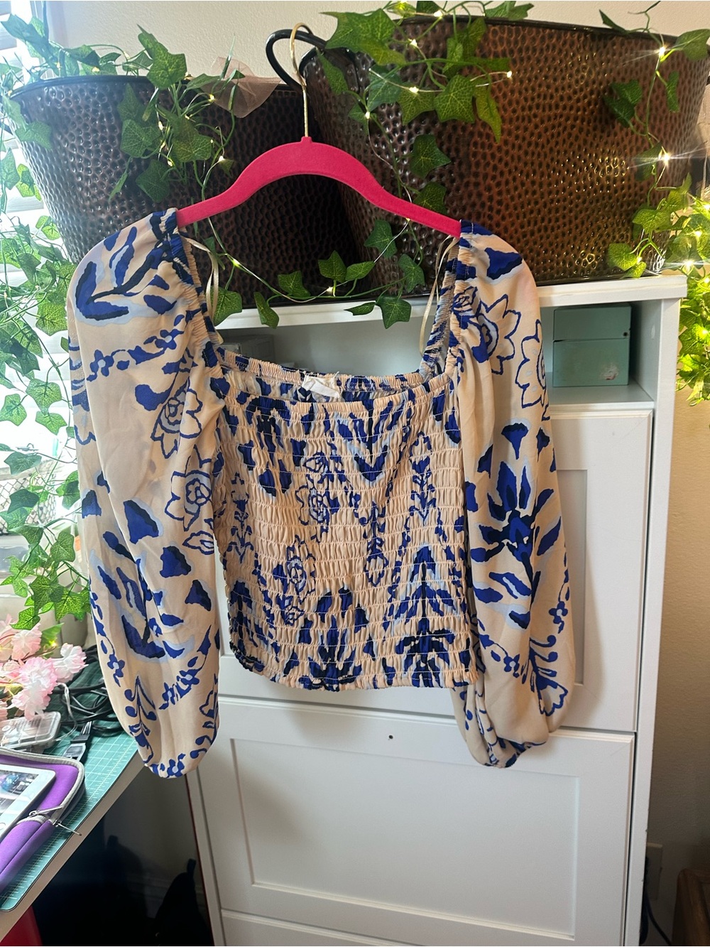 Sienna Sky Blue Floral Smocked Peasant Blouse on Cream